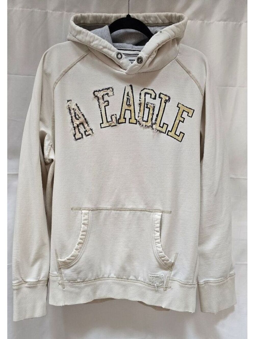 American Eagle Outfitters Hoodie XL Cream Distressed Logo Pullover Sweatshirt